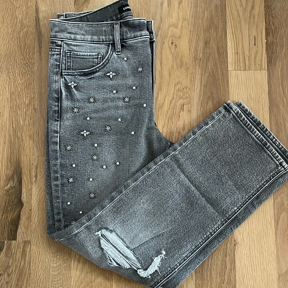 EXPRESS Modern Straight High Rise Jeweled Jeans